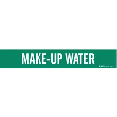 Green pipe marker with white legend reading 'Make-Up Water'. Fits pipe outer diameters from 2-1/2 to 7-7/8 inches. Supplied without directional arrows. Used for identifying make-up water lines in piping systems.