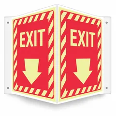 This V-shape projection exit sign is made of PETG and features mounting holes for secure installation. It glows in the dark for visibility in low-light conditions. Nominal sign size is 12 in x 14 in. Not retroreflective. Suitable for marking exit paths in commercial and industrial settings.