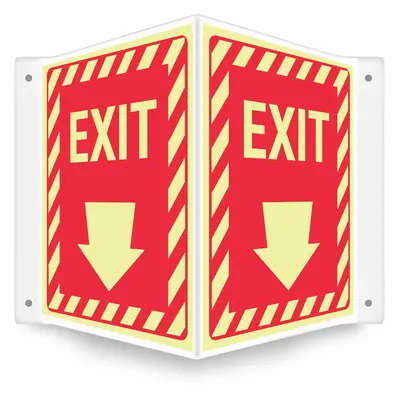 CONDOR Safety Sign: PETG, Mounting Holes Sign Mounting, 12 in x 14 in Nominal Sign Size - V-Shape Projection Exit Signs