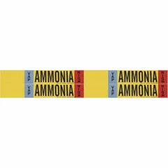 These ammonia adhesive pipe markers are designed for VAP-phase, high-pressure-level ammonia piping systems. Each pack includes 4 markers without arrows, fitting pipe outer diameters from 3/4 to 2-3/8 inches. They provide clear identification for industrial refrigeration and process piping applications.