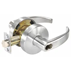This storeroom lever lockset features a satin chromium-plated finish on heavy gauge steel. It is ADA compliant, accepts SFIC cores, and has an ANSI F86 function: the outside lever is always locked, while the inside lever allows free egress. Suitable for commercial doors requiring restricted entry and free exit.