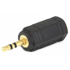 This audio adapter connects a 3.5 mm stereo male plug to a 2.5 mm stereo female jack. It is used to adapt audio connections between devices with different jack sizes, such as headphones, microphones, or audio cables.
