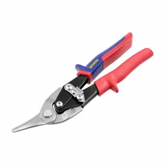 This straight-cut aviation snip has a 10-inch overall length and a 1-1/4-inch cutting length. It is constructed with steel blades and a multi-component handle. Designed for cutting sheet metal, it is commonly used in HVAC, metal fabrication, and automotive repair for making straight cuts in ductwork and panels.