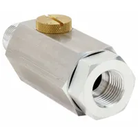 Miniature in-line lubricator with 3/8 in FNPT x 3/8 in MNPT connections, aluminum body, flow capacity of 38.1 cfm, and maximum operating temperature of 150°F. Designed to inject a controlled oil mist into compressed air systems for lubrication of pneumatic tools, cylinders, and valves