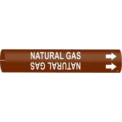 This snap-on pipe marker is designed for natural gas lines, fitting pipes with an outer diameter of 4 to 6 inches. It features a brown background with white legend text reading 'Natural Gas' and includes directional arrows. Suitable for industrial piping systems requiring clear identification of gas lines.