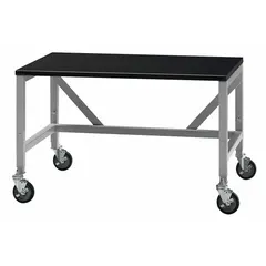 This adjustable-height lab table features an epoxy resin work surface and a steel frame. Overall height is 35-3/4 inches, length is 6 feet, and width is 30 inches. Equipped with locking swivel casters for mobility and stability. Suitable for laboratory environments requiring a chemical-resistant work surface.