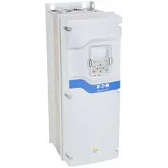 The Eaton PowerXL DG1 is a variable frequency drive designed for controlling motor speed and torque in industrial applications such as pumps, fans, and conveyors. This model features a three-phase output, 20 hp rating, and 31 A maximum output current, housed in a white enclosure with an Industrial High Performance style.