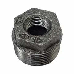 This medium-pressure threaded pipe fitting is a straight reducer with 3/4 in and 1/2 in threaded ends. Rated Class 150, it has a maximum operating pressure of 300 psi at 150° F. Used in industrial plumbing, HVAC, and process piping systems for connecting pipes of different sizes.