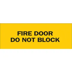 Adhesive-mounted polyester sign with 'Fire Door Do Not Block' message. Nominal size 3 1/2 in x 5 in. Not retroreflective and does not glow in the dark. Used to indicate that fire doors must not be obstructed, helping maintain clear access in compliance with safety requirements.