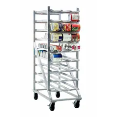 This full-size mobile can rack from NEW AGE INDUSTRIAL is constructed of aluminum and holds 513 cans across 8 shelves. With an overall height of 77 1/4 inches, it is NSF certified for use in commercial food service environments. The mobile design allows for easy transport and repositioning in kitchens, cafeterias, and storage areas.