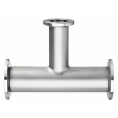 This KF x KF x KF tee fitting is constructed from 304 stainless steel and rated for vacuum service to 10⁻⁷ torr at 72°F. It is used to connect three vacuum lines in high-vacuum systems such as semiconductor processing, research chambers, and industrial leak detection.