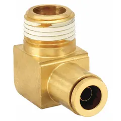 Brass elbow fitting with push-to-connect on one end and 1/16 in NPTF male thread on the other. Accepts 5/32 in OD tubing. Used in pneumatic systems, air brake lines, and instrumentation for leak-proof connections.
