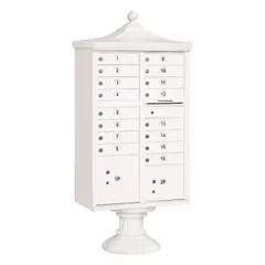 This horizontal multi-unit mailbox features 18 lockable doors with front access, designed for centralized mail distribution in multi-tenant residential or commercial settings. The pedestal-mounted enclosure measures 71 3/4 inches high, 31 inches wide, and 18 1/2 inches deep, providing secure individual mail compartments.