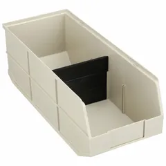 This beige plastic shelf bin measures 8 1/4 in x 7 in with an overall length of 20 1/2 in. It is nesting and stacking capable for efficient storage, and includes dividers to separate contents. Suitable for organizing small parts and components on shelving in industrial and workshop environments.