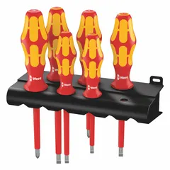 This 6-piece insulated screwdriver set includes Phillips and slotted tip drivers with an ergonomic grip for comfort. The set is supplied with a rack for organized storage. Suitable for electrical work where insulation provides protection against shock.