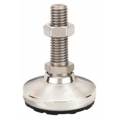 Non-skid male leveling mount with 1"-8 thread size, 4 in type, and 15,000 lb load capacity. Features a plain finish, round base, elastomer thrust pad, 1-3/8 in hex size, includes a jam nut, and has mounting holes. Used for leveling and stabilizing heavy machinery, conveyors, and equipment.