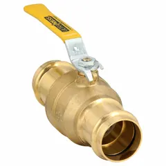Two-piece brass ball valve with straight press x press connections for fast installation without threading or welding. PTFE seal and locking lever handle provide secure on/off flow control. Suitable for water and compatible fluids in plumbing, HVAC, and process piping systems.
