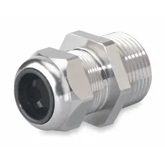Straight metallic cable grip with 1/2 in MNPT box connection, accommodating cord diameters from 0.50 in to 0.75 in. Body is made of stainless steel with a silver finish and NPT threading. Suitable for securing and sealing electrical cables in junction boxes or enclosures in general industrial environments.