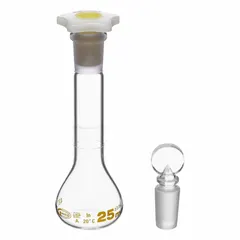 Colorless round volumetric flask with 25 mL capacity, Class A tolerance of ±0.06 mL. Made from USP Type I borosilicate glass for thermal and chemical resistance. Compatible with 14/23 stopper. Used for precise liquid measurement and preparation of standard solutions in analytical chemistry and quality control.