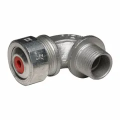 This 90-degree metallic cable grip secures and protects electrical cords in hazardous locations. It accepts cords from 0.15 to 0.25 inches in diameter and connects to a 1/2-inch MNPT box. The silver-finished iron body includes a red color-coded grommet. Rated for Class I, Division 2 environments, it provides strain relief and sealing for industrial wiring applications.