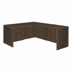This double pedestal desk from REGENCY features a walnut finish desktop and neo walnut frame, both constructed from particle board. It includes one pedestal with two drawers and a modesty panel. Suitable for office or home workspace use, it provides a practical surface for paperwork and computer tasks.
