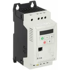 The Eaton PowerXL DC1 is a compact variable frequency drive with a white enclosure, designed for three-phase output. It supports a 1 hp motor with a maximum output current of 4.3 A. This drive is used to control the speed of three-phase AC motors in applications such as conveyors, pumps, and fans.