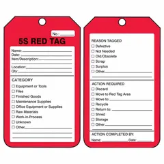 Red cardstock single-part rectangle tag measuring 3 1/4 in wide by 5 3/4 in high, supplied in a 25-pack. Used in 5S visual workplace programs to identify and track items for sorting, organizing, or disposal during lean manufacturing initiatives.