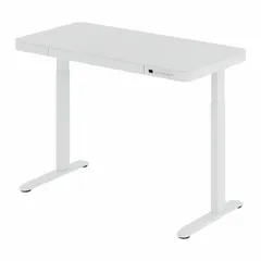 This electric adjustable-height desk features a white glass top and steel frame, with a 48-inch width, 24-inch depth, and maximum height of 47 5/8 inches. It includes a built-in drawer for storage. Suitable for sit-stand workstations in office or home environments.