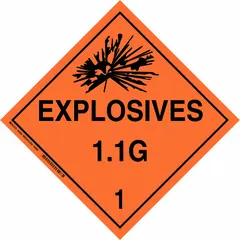 Class 1: Explosives placard measuring 10 3/4 in x 10 3/4 in with a 10 3/4 in label height. Displays the message 'Explosives 1.1 G 1'. Used for identifying containers holding hazardous materials during transport and storage.