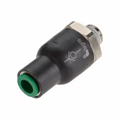 Inline polymer poppet check valve with swing mechanism. Pipe size 1/4 in, connections Tube x MNPT. Prevents reverse flow in pneumatic or low-pressure fluid systems.