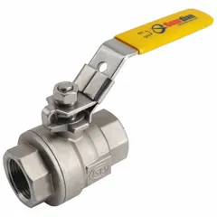 This two-piece, straight valve body ball valve is constructed from 316 stainless steel for corrosion resistance. It features a locking lever handle for secure on/off flow control in industrial piping systems. Suitable for applications requiring manual shut-off in water treatment, chemical processing, and similar environments.