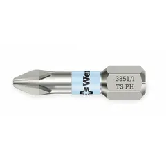 This WERA insert bit features a PH1 (Phillips #1) profile with a #1 bit size and a standard hex shank. Overall length is 1 inch. Suitable for driving PH1 fasteners in assembly, maintenance, and repair tasks.