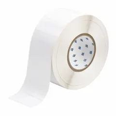 Thermal transfer precut label roll measuring 1 1/4 in x 2 3/4 in. Features a rubber aggressive adhesive for permanent bonding to challenging surfaces such as plastics and powder-coated metals. Halogen-free material supports environmental compliance. Compatible with PR Plus printer series for industrial identification applications including asset tagging, cable marking, and safety labeling.
