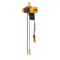This HARRINGTON electric chain hoist is a heavy-duty unit designed for lifting and positioning loads in industrial environments. It operates on 115V AC with two speeds and includes a pendant control for precise handling. The hook-mounted configuration without a trolley provides a headroom clearance of 28 to 30 inches, suitable for applications where overhead space is limited.