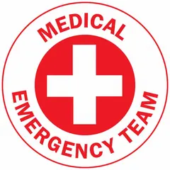 Circle label for hard hats, 2 in diameter, non-reflective, printed in English. Pack of 4. Identifies medical emergency team members for quick recognition during facility incidents.