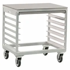This aluminum slicer stand provides a corrosion-resistant work surface for commercial food-service environments. With an overall height of 30 inches and width of 28 3/8 inches, it supports a slicer at a convenient working height.