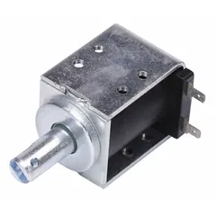 AC box frame pull type solenoid with 120 V AC coil and intermittent duty cycle. Provides a pull force from 48.0 to 288.0 oz over a stroke range of 0 to 1 in. Dimensions: 1 63/100 in depth, 2 9/50 in length, 1 9/20 in width. Suitable for applications requiring linear motion such as latching, clamping, or actuating mechanisms.