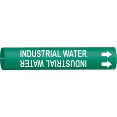 Snap-on pipe marker for industrial water lines. Green background with white legend and directional arrows. Fits pipe outer diameters of 4 to 6 inches. Single marker included.