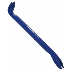 Double claw end nail puller with 1 in bar width and 2 in end width, 11 in overall length. Rust-resistant finish meets ASME standards. Used for extracting nails from wood and other materials in construction, carpentry, and demolition.