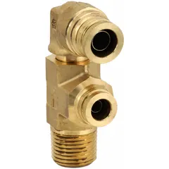 This brass push-to-connect elbow fitting connects 1/2 in OD to 3/8 in OD tubing. It is used in pneumatic air brake systems, industrial air lines, and fluid power applications requiring a leak-free connection. The push-to-connect ends allow tool-free installation.