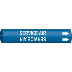 Blue snap-on pipe marker with white legend reading 'Service Air' and directional arrows. Fits pipe O.D. from 3/4 to 1-3/8 in. Used to identify service air lines in industrial piping systems for facility safety and compliance.