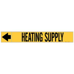 Yellow adhesive pipe markers with black legend text reading 'Heating Supply' and directional arrows. Each roll contains 25 markers designed for pipe outer diameters of 1-1/2 to 2 inches. Used to identify hot water or steam supply lines in piping systems.