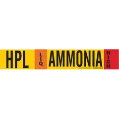Ammonia fiberglass carrier mounted with strapping pipe marker for liquid (LIQ) high-pressure service per IIAR standards. Fits pipe O.D. of 8 inches and larger. Includes directional arrows. Single marker with IIAR abbreviation HPL.