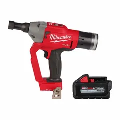 Cordless riveting tool for installing blind rivets in metal fabrication, HVAC ductwork, and assembly applications. Delivers 4,500 lbf pulling force with a 1 3/16 in stroke. Includes one M18 battery; charger not included.