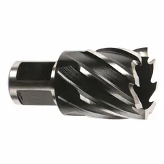 This high-speed steel annular cutter with black oxide finish cuts clean holes in metal. It has an 11/16 in cutter diameter and 1 in maximum cutting depth, suitable for portable magnetic drills and drill presses in general fabrication and structural work.