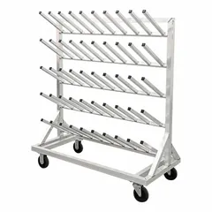 This mobile boot drying and storage rack is constructed of gray aluminum with an overall length of 50 1/4 inches. It accommodates 25 pairs of boots and includes wheels for easy repositioning. Suitable for use in industrial environments where boots require drying and organized storage.