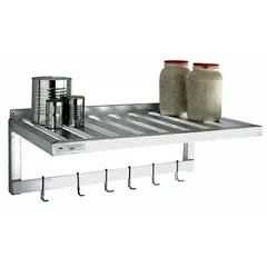 Aluminum T-bar vented wall-mount shelving unit measuring 60 in x 20 in x 13 in. Constructed of unfinished aluminum with mounting posts included. Meets NSF standards for use in commercial kitchens, food prep areas, and industrial storage.
