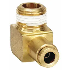 Brass adapter elbow with push-to-connect on one end for 3/8 in OD tubing and 1/2 in NPTF male thread on the other. Designed for air brake systems and pneumatic controls on trucks, trailers, and industrial equipment. Tool-free tubing installation and dry-seal NPTF connection.