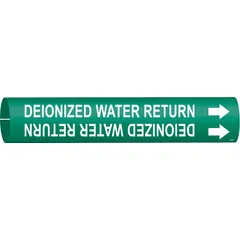 Snap-on pipe marker for identifying deionized water return lines. Green background with white legend and directional arrows. Fits pipe outer diameters from 2-1/2 to 3-7/8 inches. Suitable for industrial piping systems where water quality is critical.