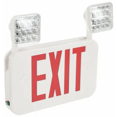 FULHAM Exit Sign with Emergency Lights: White, 2 Faces, Red, LED, Ceiling/Wall - Plastic Exit Signs with Square Top-Mount Light Heads